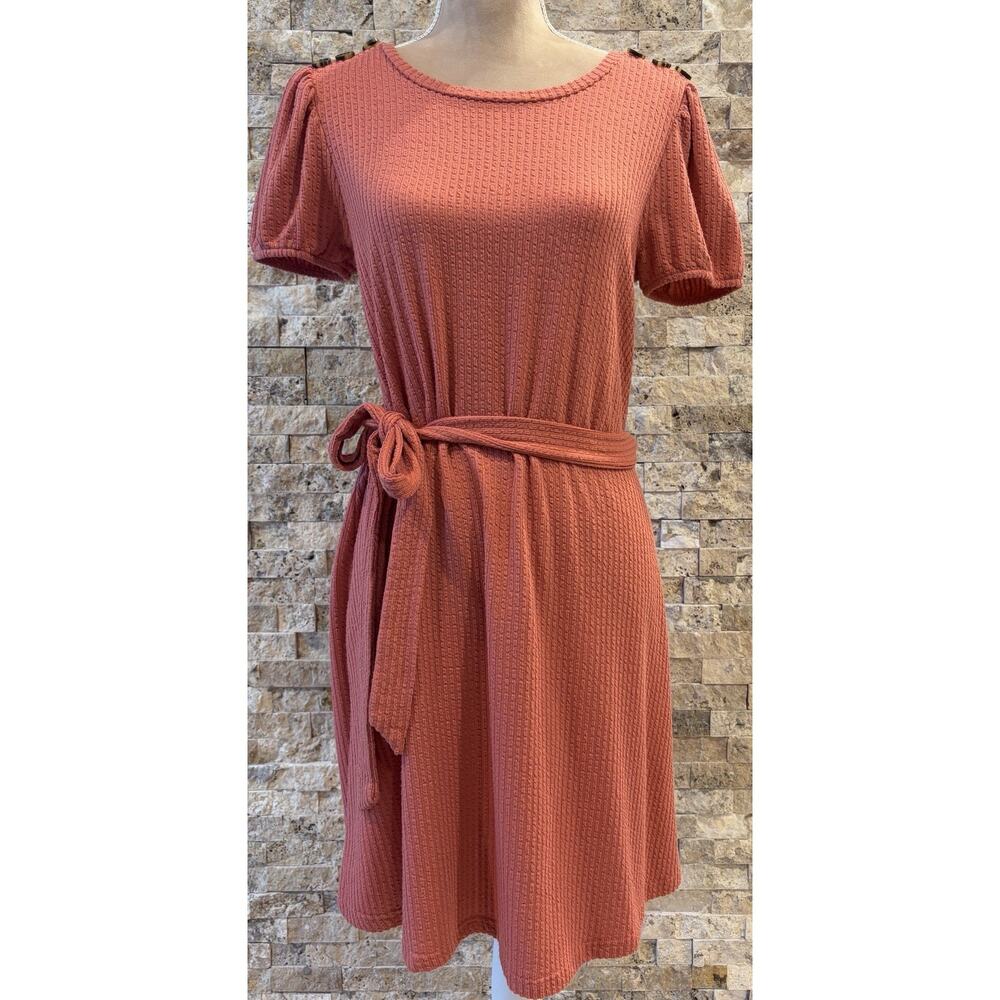 LC Lauren Conrad Rust Knit Dress Belted Puff Sleeve Button Shoulder M